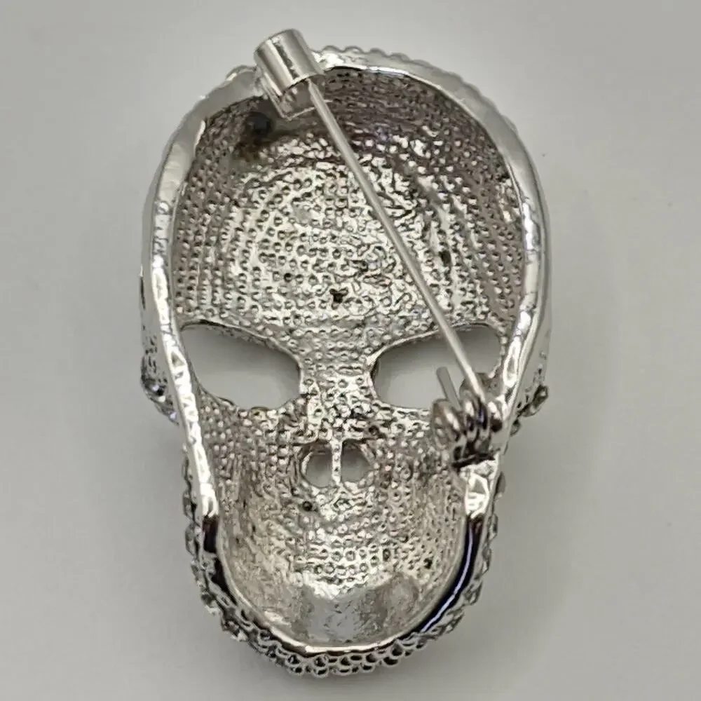 Rhinestone Skull Brooch Clear on Silver Tone Metal Goth Halloween